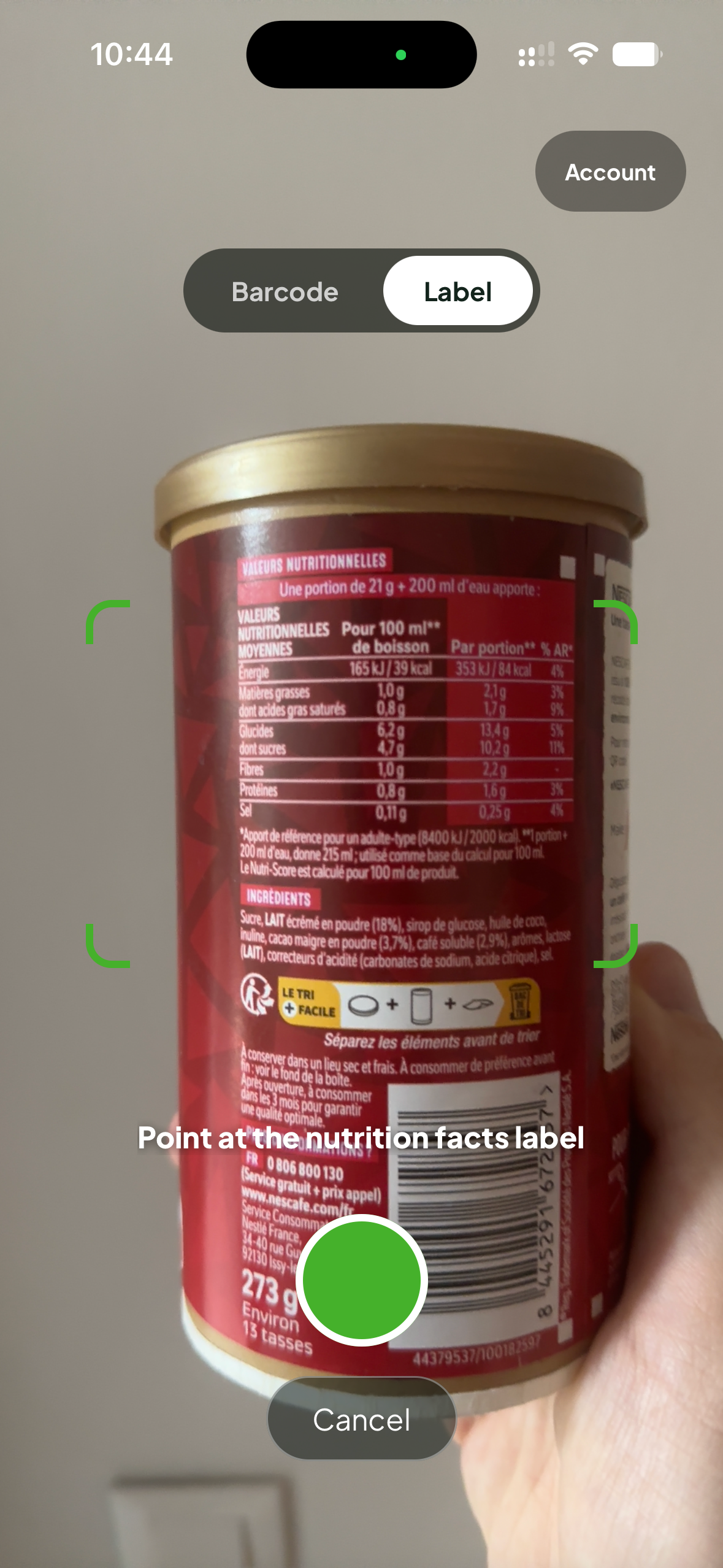Scanning a nutrition label in KetoScanner