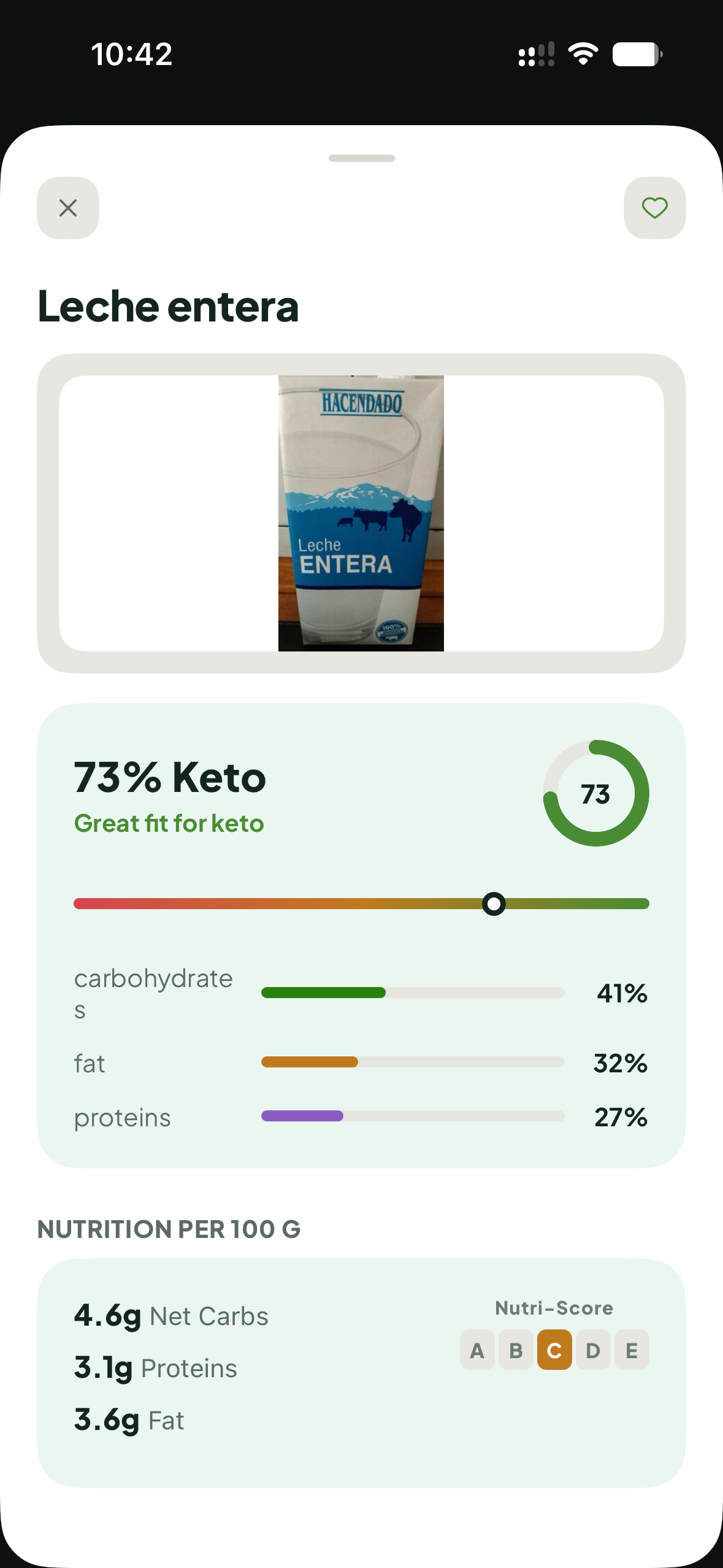 KetoScanner result screen with keto score and nutrient breakdown